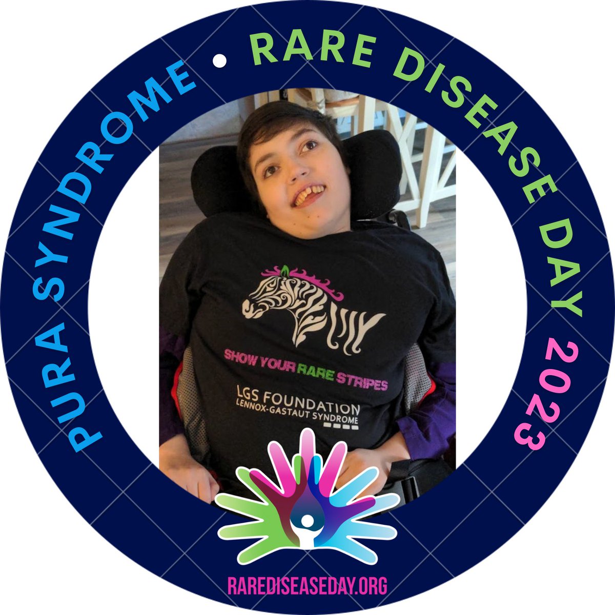 Today is World #RareDiseaseDay- meet our #PURAPerfect daughter, Megan. Meg was in the first group of 11 individuals to be identified as having an anomaly in their PURA gene in 2014. Meg also has a rare epilepsy known as #LennoxGastautSyndrome, so we say she is “doubly rare”! 💜💚