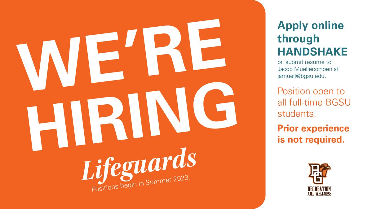 BGSURecWell's tweet photo. We're hiring lifeguards. Positions are open to all BGSU students. Reimbursement of certification expenses offered. Contact Jacob Muellerschoen for all of the details or with questions at jamuell@bgsu.edu. Apply online using Handshake. Join the #RecFam today! @BGSUStuEmp https://t.co/osYyDuMAGB