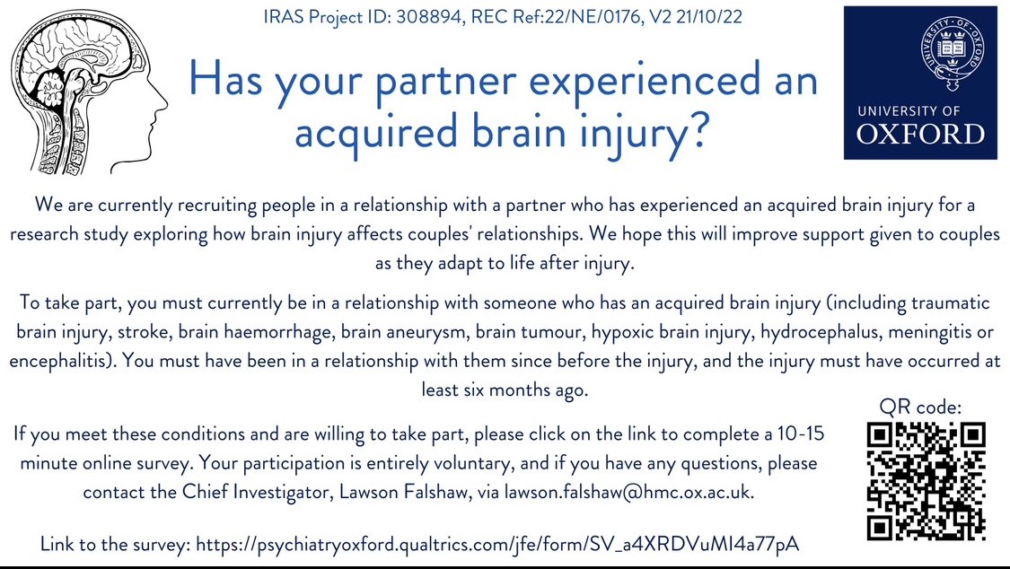 ❗️Research alert❗️

Thank you for the great response so far - we are still looking for people in a relationship with someone who has experienced an #acquiredbraininjury to complete an online survey: psychiatryoxford.qualtrics.com/jfe/form/SV_a4…

#braininjury #stroke #rehab #neuropsychology