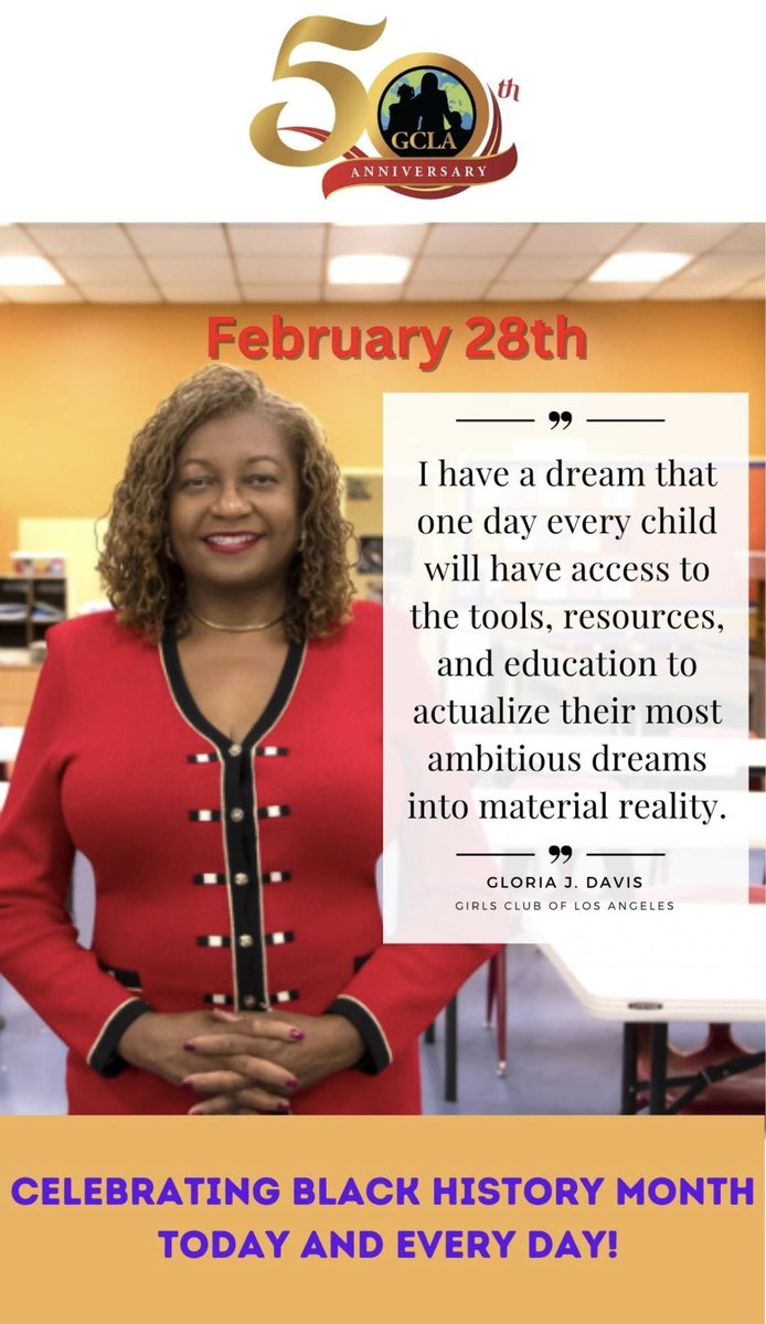 'I have a dream that one day every child will have access to the tools, resources, and education to actualize their most ambitious dreams into material reality.” Gloria J.Davis. #AfricanAmericanHistory #blackhistorymonth2023 #APeoplesJourney #GCLA #February28th #Ihaveadream