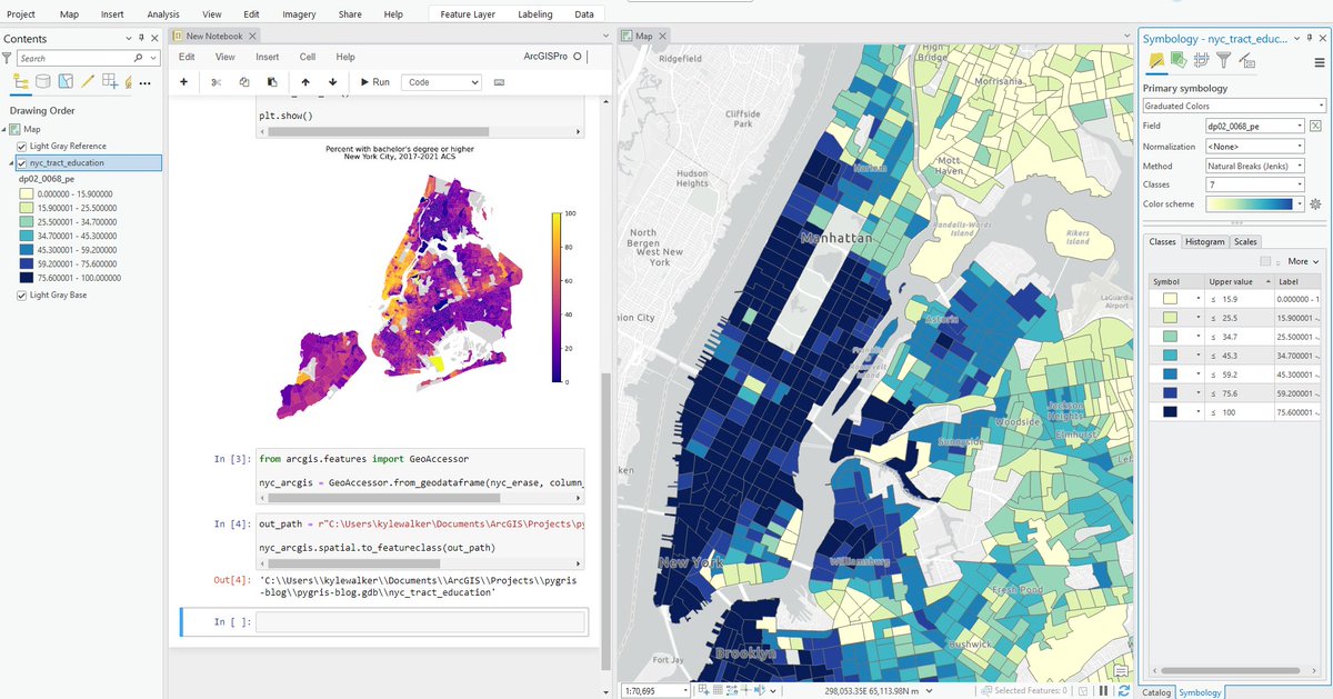 kyle_e_walker's tweet image. New post: using your favorite spatial #Python packages within @ArcGISPro
walker-data.com/posts/pygris-a…
Integrating my Python spatial data analysis pipelines within ArcGIS Pro was much smoother than I thought - read the post to learn how to set this up for yourselves!
#GIS #pydata