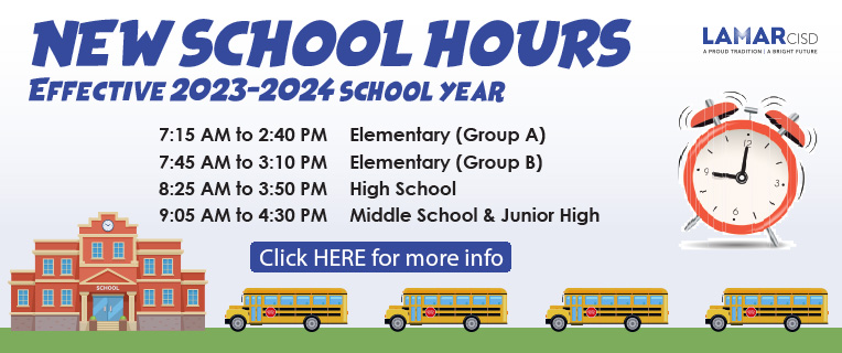 During the February Board meeting, our Trustees approved a new four-tier system for school hours. This schedule will be effective beginning the 2023-2024 school year. 
More information can be fund on LCISD's website: LCISD.org/hours
youtu.be/fU6SUELBuAM
#LamarCISD