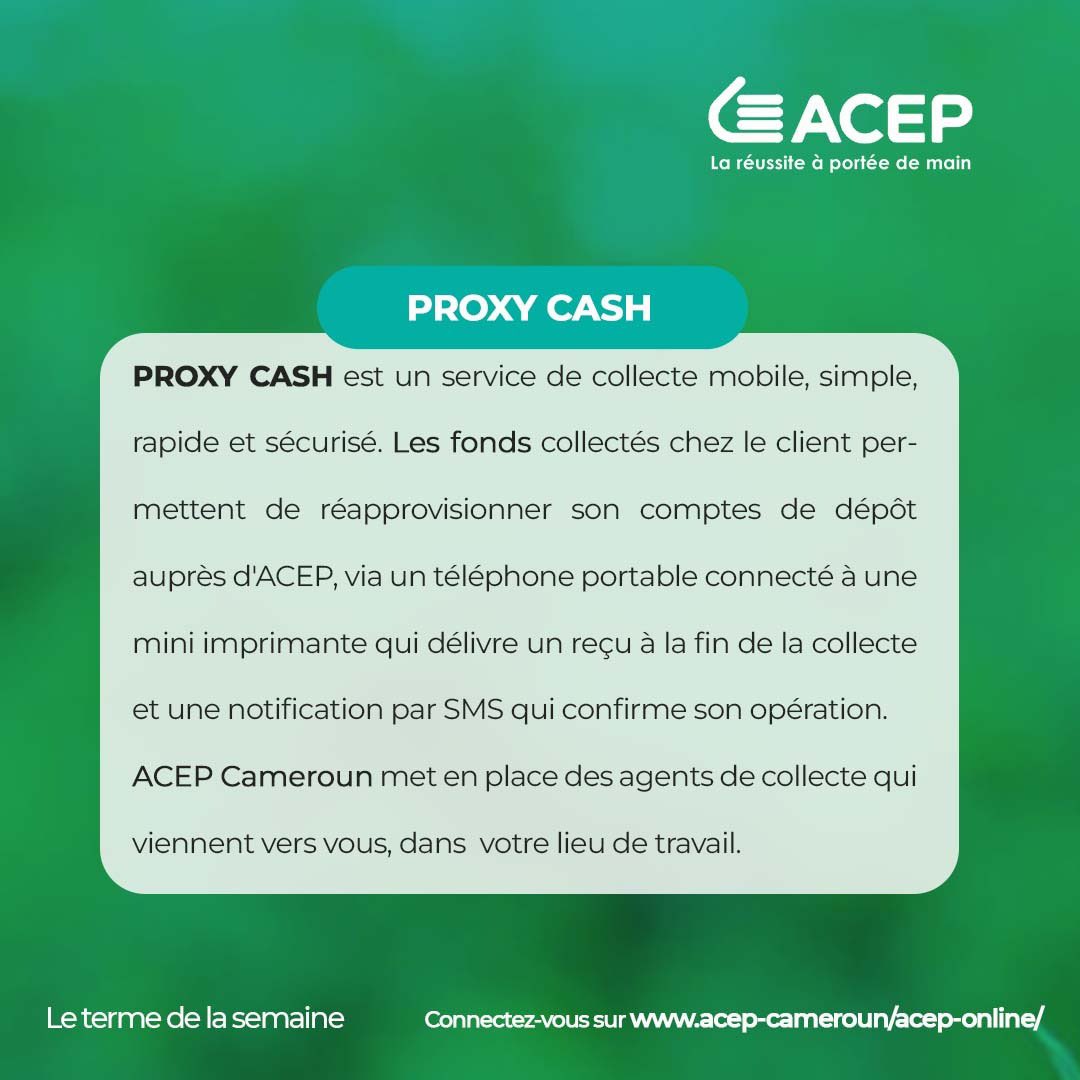 Acep_Cameroun's tweet photo. Ce jour, dans notre rubrique le terme de la semaine, nous allons en savoir un peu  plus sur le PROXY CASH. Alors c’est quoi le PROXY CASH?
#Acepcameroun #Microfinance #proxycash #collectemobile https://t.co/o4FMk9eEGB