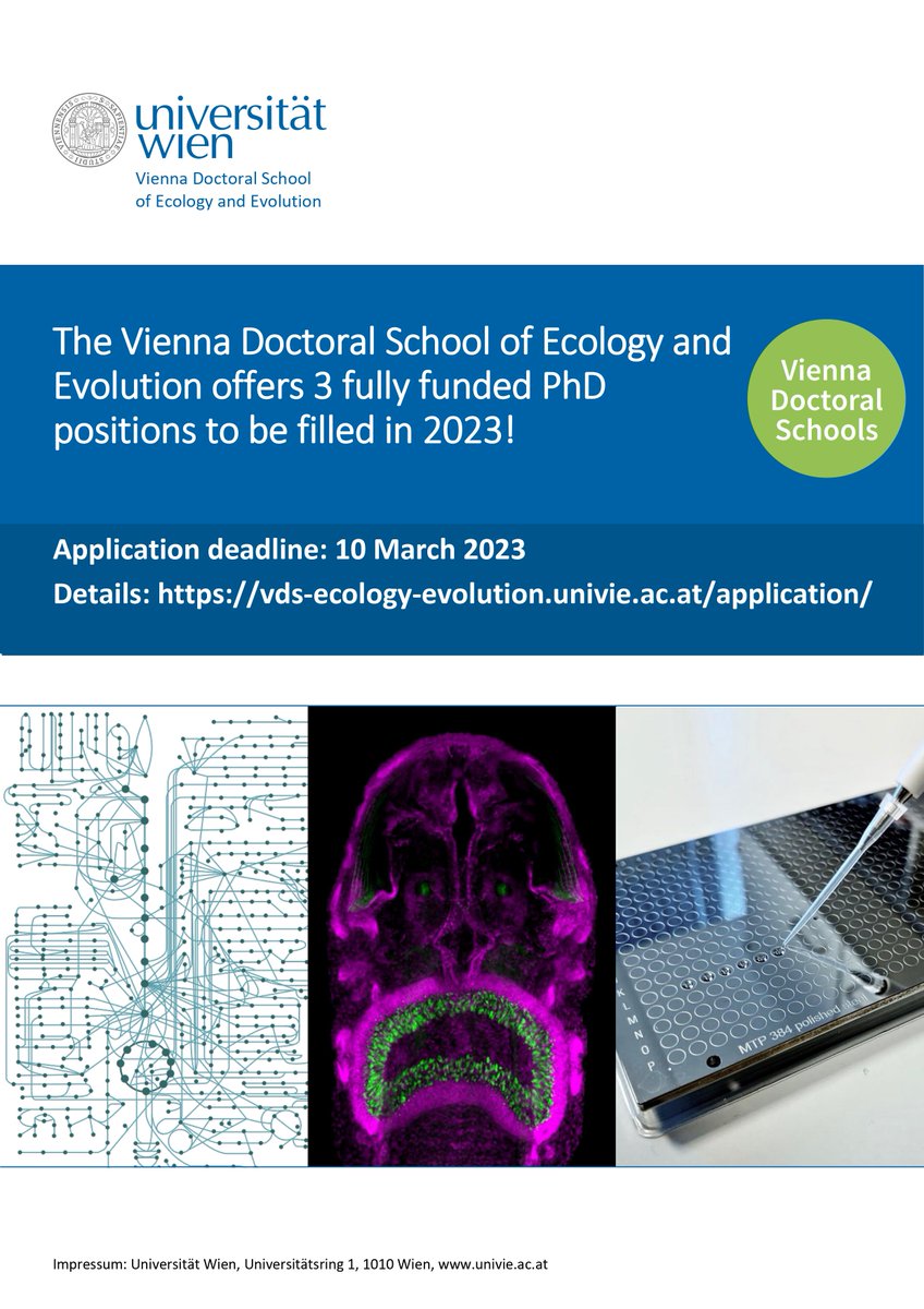 Attention all potential PhD candidates!
Just a friendly reminder that you only have 10 days left to apply for 3 fully-funded, 3-year positions at <a href="/univienna/">Universität Wien</a>. 
Deadline: 10.03.2023. 
Fo more infos visit:
vds-ecology-evolution.univie.ac.at/application/op…
#PhD #PhDJobs #AcademicTwitter #JobAlert