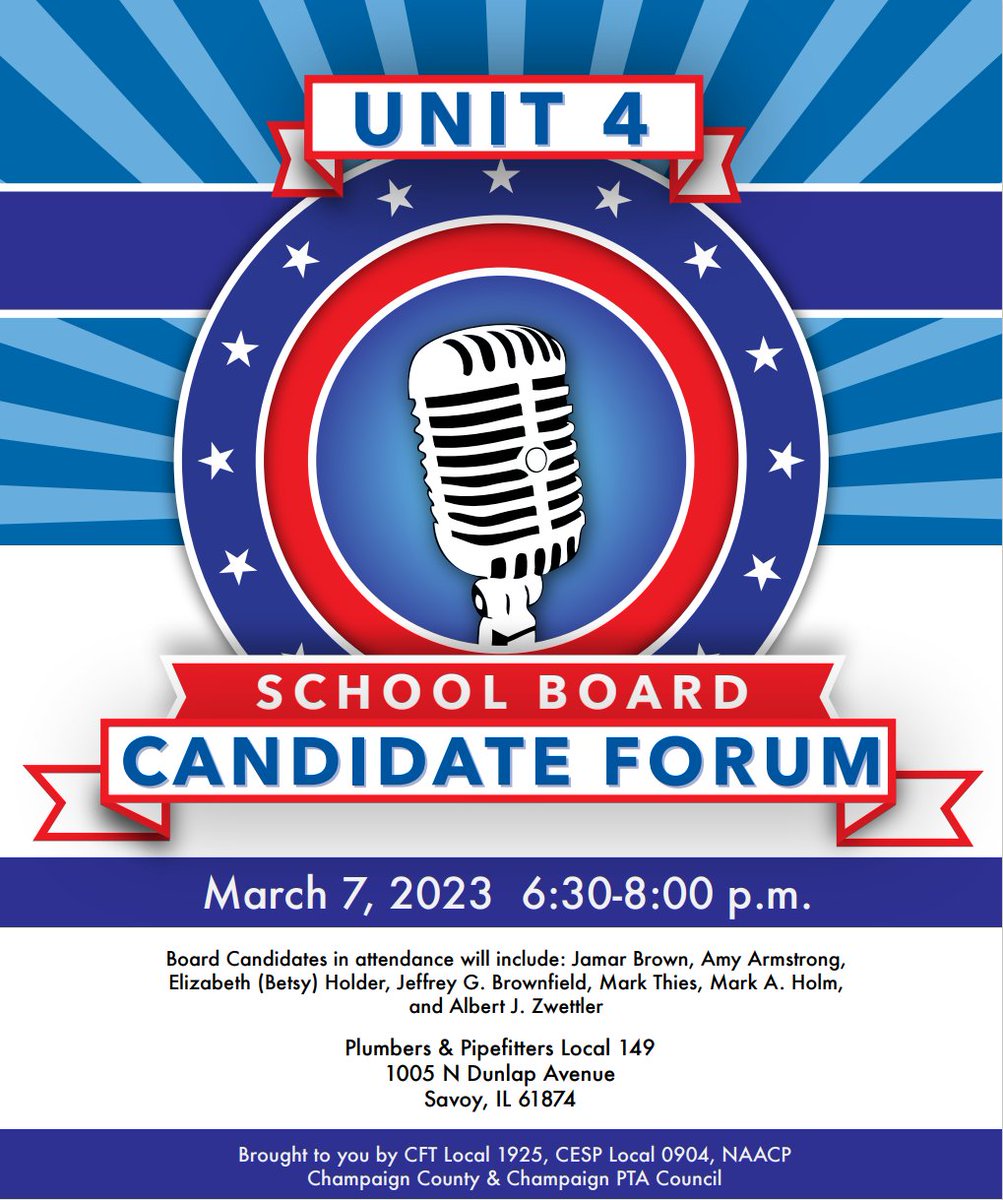 sacrophyte's tweet photo. Unit 4 School Board Candidate Forum
March 7, 2023 6:30-8:00 p.m.
Plumbers &amp; Pipefitters Local 149
1005 N Dunlap Avenue
Savoy, IL 61874 https://t.co/SYswHDRPWK