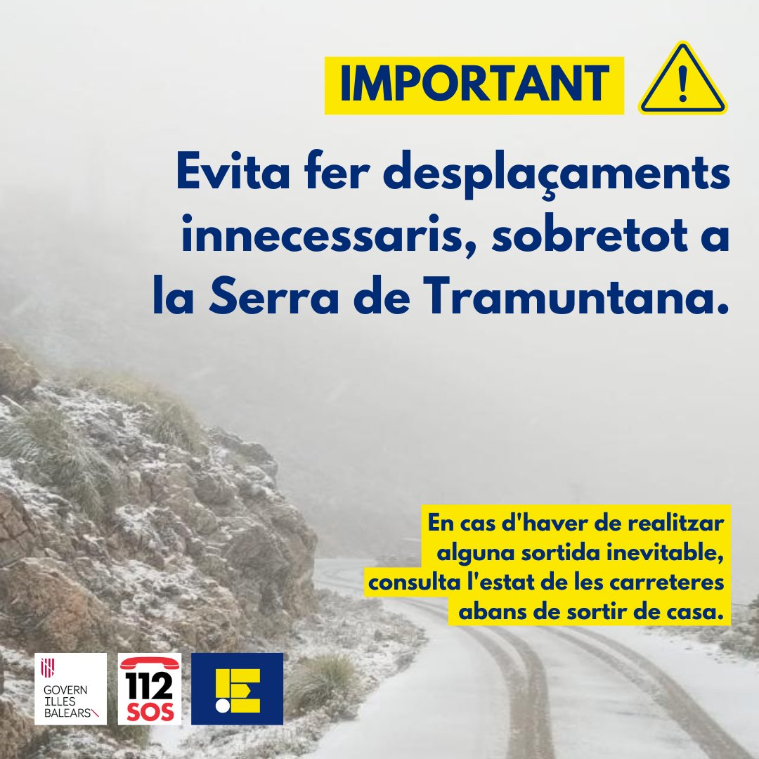 Emergencies_112's tweet photo. #IMPORTANT⚠ Evitau fer qualsevol tipus de desplaçament innecessari, sobretot a la Serra de Tramuntana, encara en alerta vermella (IG2) per neu. 
-En cas de no poder evitar la sortida, consultau l'estat de les carreteres. 
👉https://t.co/xqdX7MUWFJ 
👉https://t.co/ZFMHZHuK1l https://t.co/OhuKuhamwJ