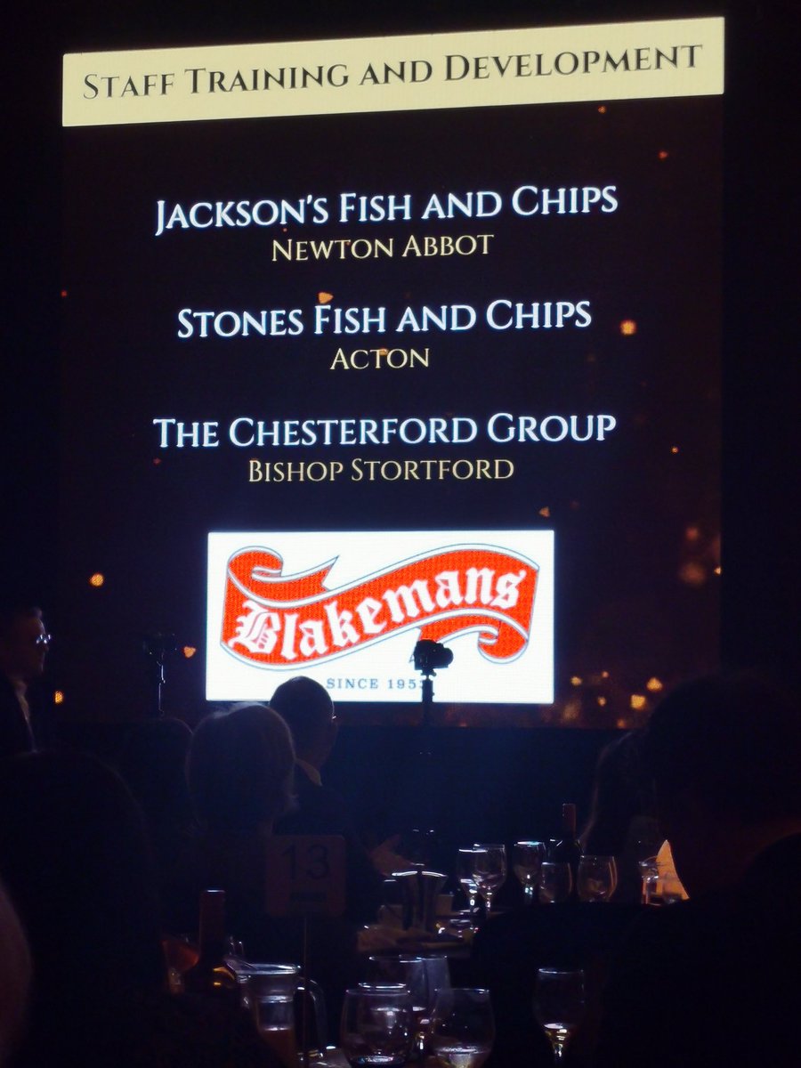 Now the Staff Training and Development awards sponsored by Blakemans. The winner is <a href="/Chesterfield_G/">Chesterfield Group</a> Well done!! <a href="/CanteenTweets/">The Staff Canteen</a> #fishandchipawards