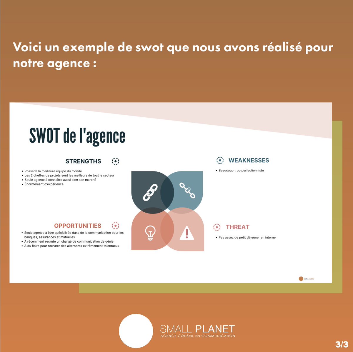 smallplanetCom's tweet image. Petit moment vocabulaire !

Aujourd'hui nous abordons le "swot". Un outil très important dans la construction d'une stratégie de communication. 

Envie de "swoter" avec Small Planet pour voir si votre promesse est en adéquation avec votre marché ?