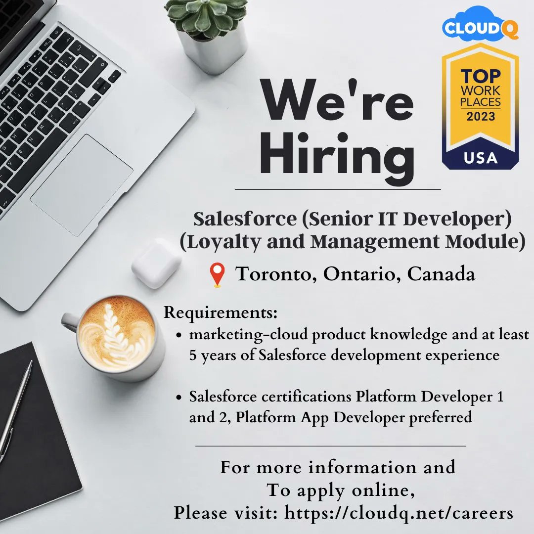 cloudqusa's tweet photo. We need a Senior IT Developer for Salesforce’s Loyalty and Management Module who’s located in Toronto, Canada. https://t.co/olvp3lJFsA #jobinterviews #jobalert #jobopening #jobopening #hiring #joinourteam #jobsearching #ITJobs #CloudQ #TopWorkplace #JobsInCanada #SalesforceJobs https://t.co/OVEWt7WIcB