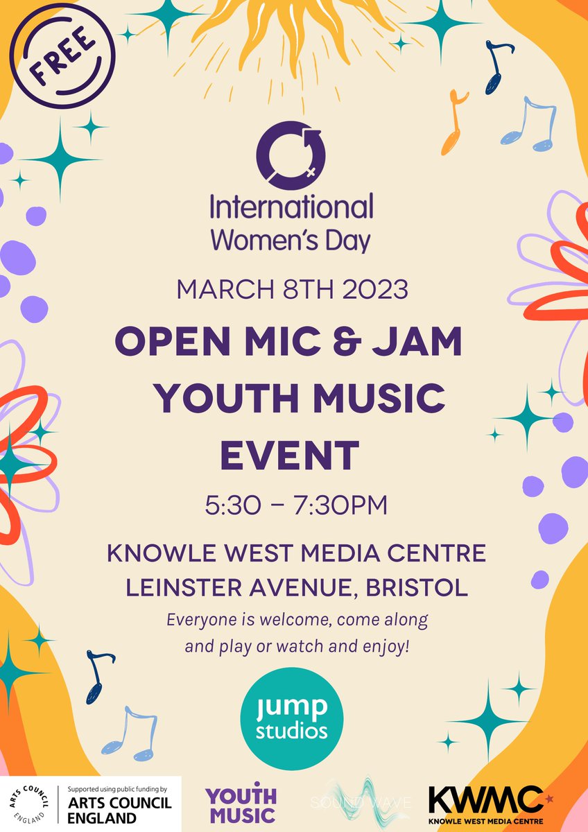 jumpkwmc's tweet photo. In celebration of International Women’s Day we are running an open mic and jam at Knowle West Media Centre !

Young people can come perform and we will also be showcasing the work created by local young people from our Sound Wave music sessions.

Wednesday 8th March 5:30 - 7:30PM https://t.co/Bu0awoBelv