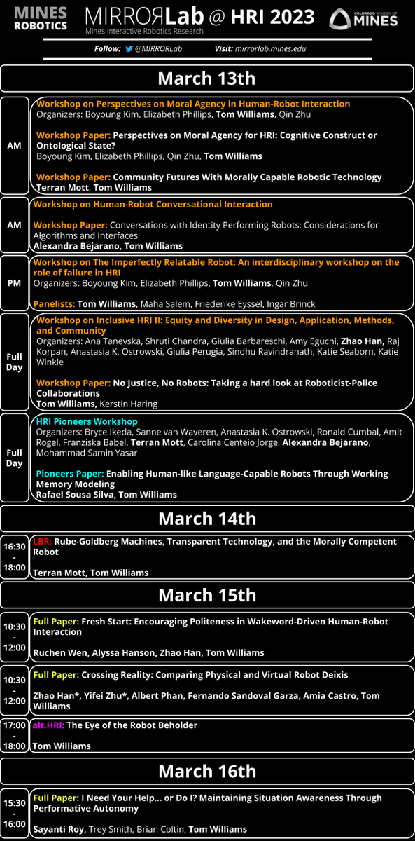 @tomwilliams.phd on bsky (@williamstome) on Twitter photo The <a href="/MIRRORLab/">MIRRORLab</a> is getting so psyched for <a href="/HRI_Conference/">The HRI Conference</a>! I'll be there in person, with <a href="/hanzhao/">Zhao Han</a>, <a href="/TerranMott/">Terran Mott</a>, <a href="/abejarano20/">Alexandra Bejarano</a>, and Rafael Sousa Silva. Looking forward to seeing the #HRI community in person again after so long! The <a href="/MIRRORLab/">MIRRORLab</a> is getting so psyched for <a href="/HRI_Conference/">The HRI Conference</a>! I'll be there in person, with <a href="/hanzhao/">Zhao Han</a>, <a href="/TerranMott/">Terran Mott</a>, <a href="/abejarano20/">Alexandra Bejarano</a>, and Rafael Sousa Silva. Looking forward to seeing the #HRI community in person again after so long!