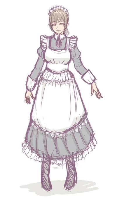 詩乃さんの立ち絵のラフを作成中。メイド服のデザインどーすっかな。 