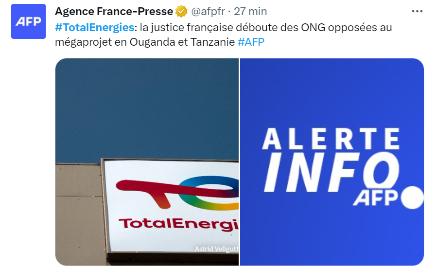 amisdelaterre's tweet photo. Affaire #TotalOuganda : la décision des juges vient de tomber. 
Le tribunal  rejette les demandes des associations pour un motif procédural controversé sans s’être prononcé sur les faits. https://t.co/ku296YSclM
