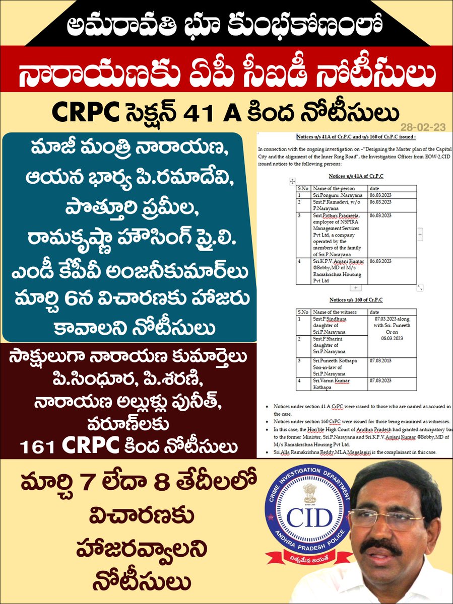 APINSIDER2's tweet image. అమరావతి భూ కుంభకోణంలో నారాయణకు ఏపీ సీఐడీ నోటీసులు
#AmaravatiLandScam
#Narayana
#APCID
#CRPC 
#APINSIDER