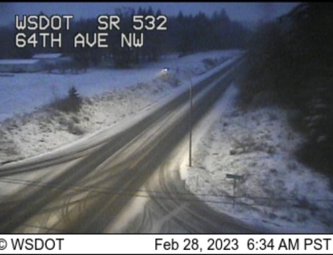 wsdot_north's tweet image. Here’s a look at the roads where we see #WhatcomCounty roads w a mix of snow and slush along I-5 and SR 539. #SkagitCounty looks to have missed much of the mix, but snow returns as you reach the #Stanwood area. Check conditions before you head out at your origin &amp;amp; destination.