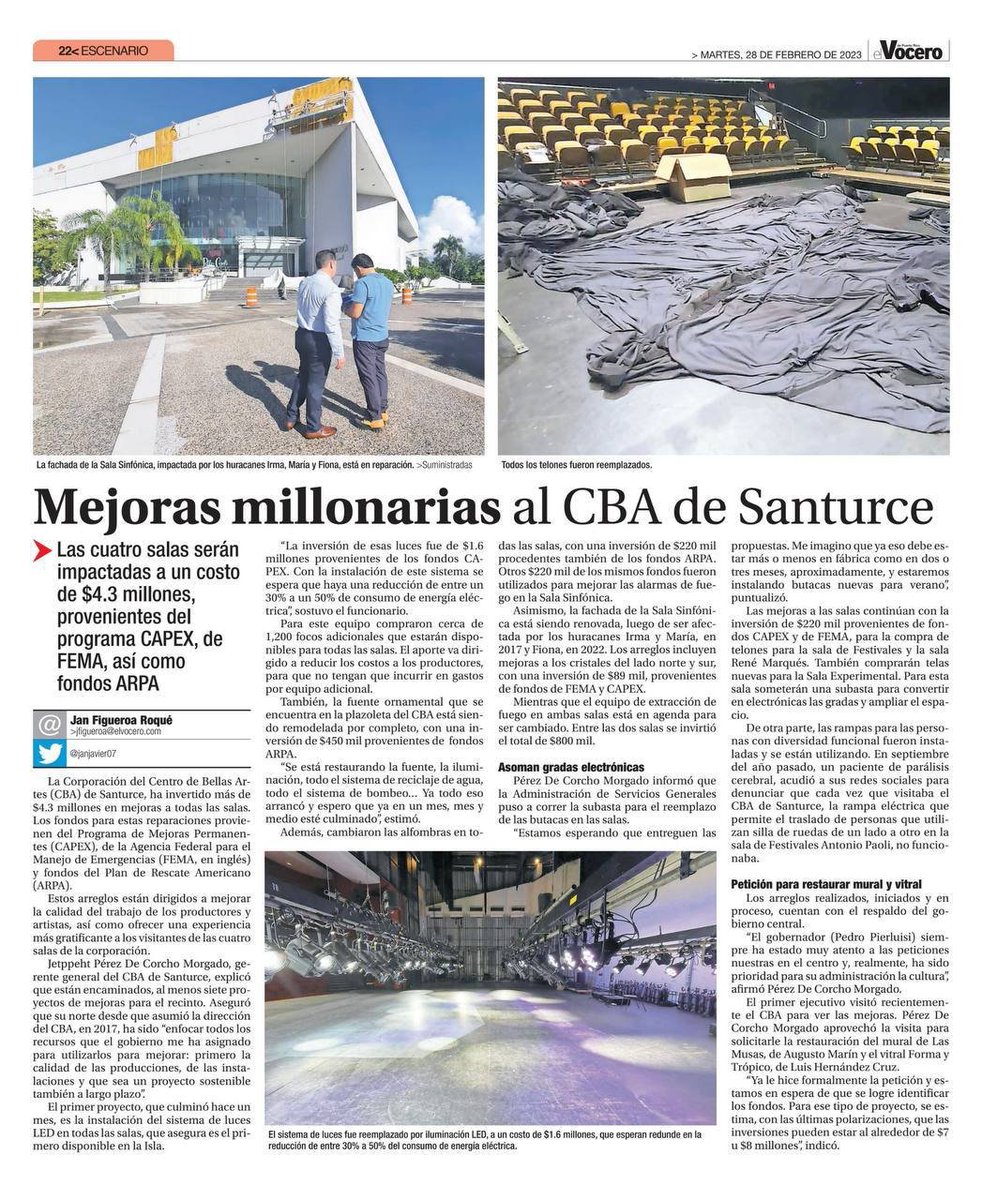 Seguimos poniendo a trabajar los fondos para impulsar la reconstrucción de instalaciones como el <a href="/CBASanturce/">Centro de Bellas Artes, Santurce</a> y otros espacios para el disfrute del arte y cultura alrededor de la Isla. Este es uno de los proyectos apoyados por el <a href="/Cor3pr/">COR3</a>. #GobiernoDeResultados