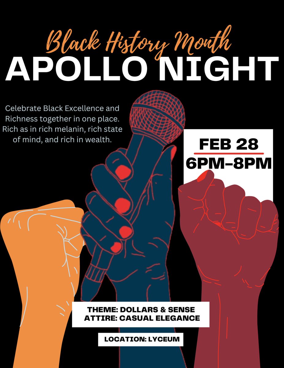 SFStudentLife's tweet image. Join Santa Fe College and Student Life for the Apollo Night on Tuesday, February 28, from 6-8 p.m. in the Lyceum and via zoom to celebrate Black excellence and richness!

📍 @SantaFeCollege Lyceum Hall and Zoom
💻 Zoom: sfcollege.zoom.us/j/97619919201
🔗 Meeting ID: 976 1991 9201