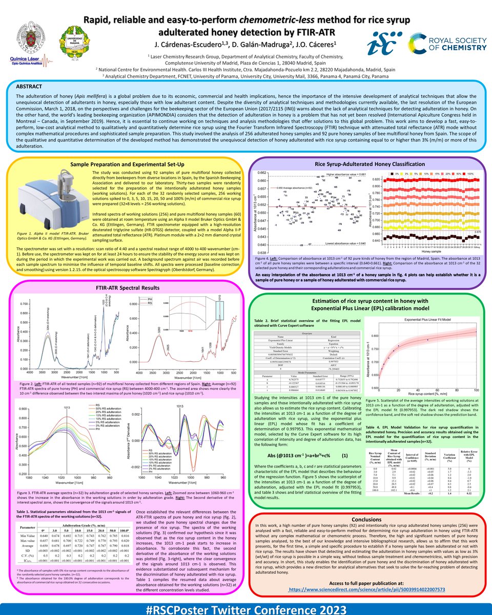 I am very happy to participate in the 
#RSCPoster Twitter Conference 2023 
with a poster titled:

Rapid, reliable and easy-to-perform chemometric-less method for rice syrup adulterated honey detection using FTIR-ATR 

#RSCAnalytical #honeyadulteration #FTIRATR