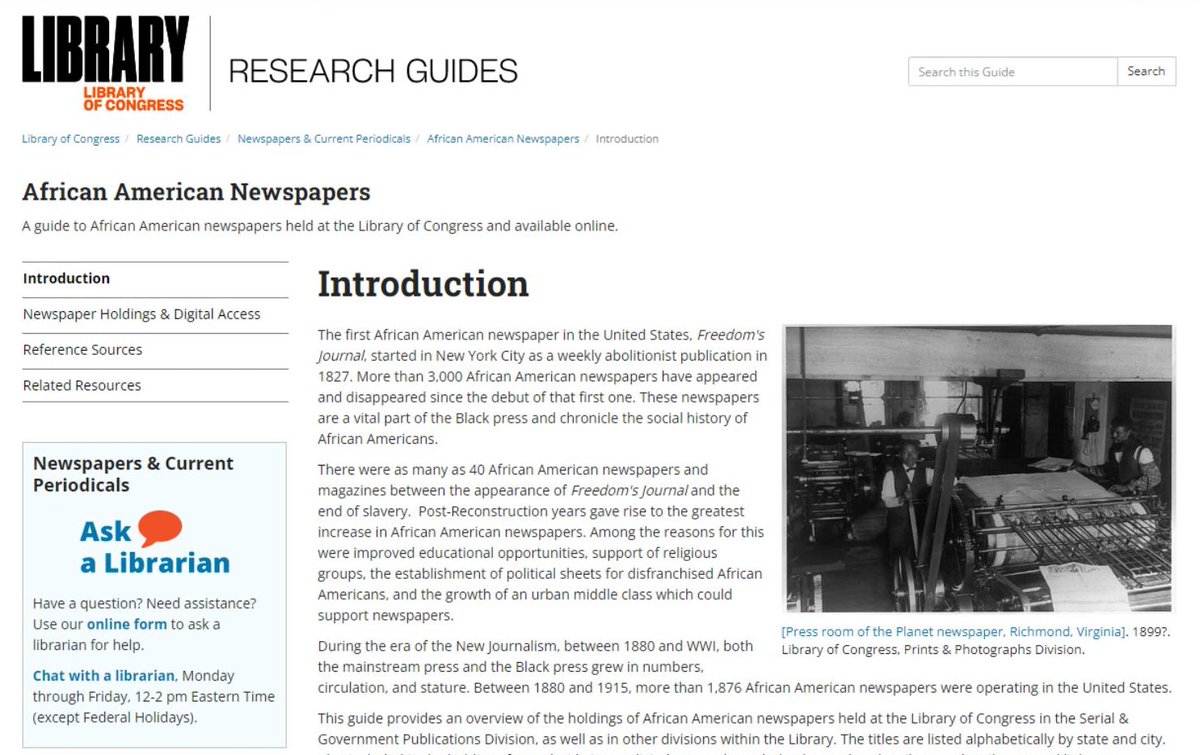 ChronAmLOC's tweet photo. Now Published! A guide to African American newspapers held at the Library of Congress and available online, including 271 titles currently available in Chronicling America. 
https://t.co/2heV5NXANM #ChronAm https://t.co/YvSQiD0coI