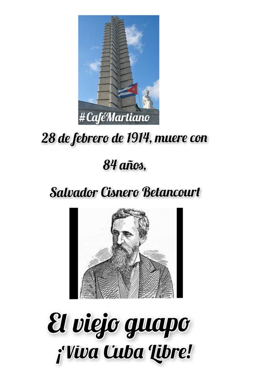 CamilaGzlez34's tweet photo. @cafemartiano @DeZurdaTeam_ @DefendiendoCuba @ValoresTeam1 @QbaDCorazon_ @FrankCuba2021 @EVilluendasC @agnes_becerra @AdrianaRojasQba @Giselle15080805 #CaféMartiano rindiendo tributo a un hijo de la Patria: Salvador Cisneros Betancourt.

"El patriotismo es un deber santo, cuando se lucha por poner la Patria en condiciones de que vivan en ella más felices los hombres." José Martí

#CubaViveEnSuHistoria https://t.co/K6Dfs0Dxc5