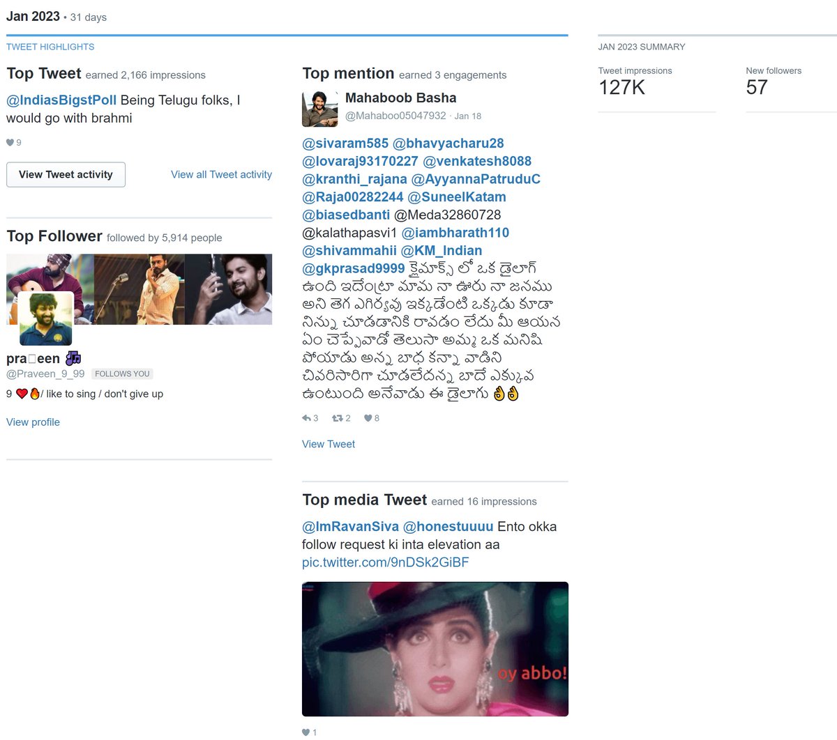 biasedbanti's tweet image. #TwitterEvolution #TodayMood #Feb2023

Jan
- Poll on Brahmi .. 2166 
- Top mention Mahaboob .. 3
- Top media @ImRavanSiva got follow request reached.. 16 

Feb
- @ImRavanSiva mee papa .. 8201
- Top mention by @burn_StEiNy .. 35
- @SunRisers @BhuviOfficial cast movie.. 1077