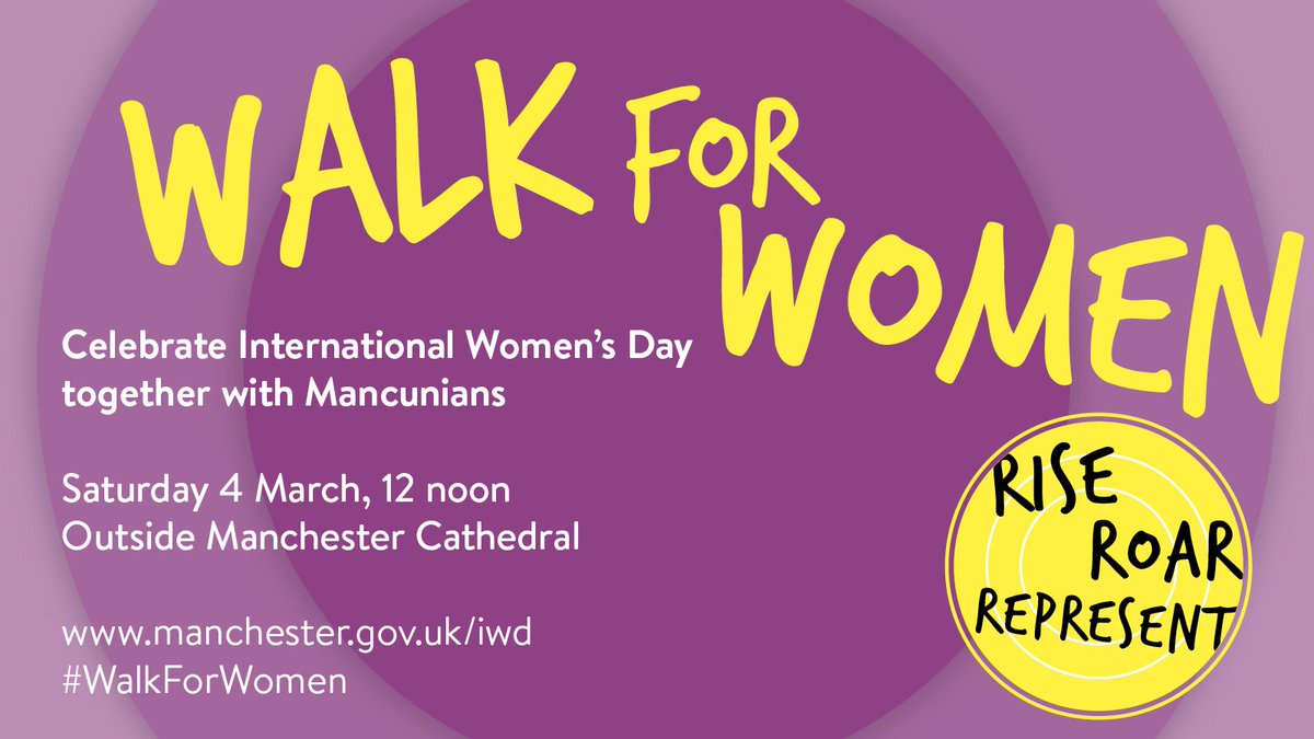 Manchester will mark #IWD2023 with the #WalkForWomen on Saturday 4 March.
Bring fun, safe, and noisy instruments to bang and clang, or make the most of your voice and join us with our chants.
Full info at manchester.gov.uk/iwd
#InternationalWomensDay #RiseRoarRepresent