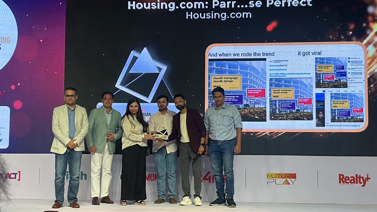 exchange4media group (@e4mtweets) on Twitter photo A huge round of applause to <a href="/Housing/">Housing.com</a> on winning Silver award at the 9thedition #IndianMarketingAwards. Many Congratulations on adding another feather in your cap👏
<a href="/imohitburman/">Mohit Burman</a> | <a href="/snehil_gautam/">Snehil Gautam</a> | <a href="/anuragbatrayo/">Anurag Batra</a> | <a href="/nawalahuja/">Nawal Ahuja</a> | <a href="/priyankae4m1/">Priyanka</a>
#e4mawards A huge round of applause to <a href="/Housing/">Housing.com</a> on winning Silver award at the 9thedition #IndianMarketingAwards. Many Congratulations on adding another feather in your cap👏
<a href="/imohitburman/">Mohit Burman</a> | <a href="/snehil_gautam/">Snehil Gautam</a> | <a href="/anuragbatrayo/">Anurag Batra</a> | <a href="/nawalahuja/">Nawal Ahuja</a> | <a href="/priyankae4m1/">Priyanka</a>
#e4mawards