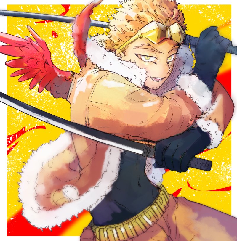 hawks (boku no hero academia) 1boy male focus blonde hair fur-trimmed jacket sword gloves solo  illustration images