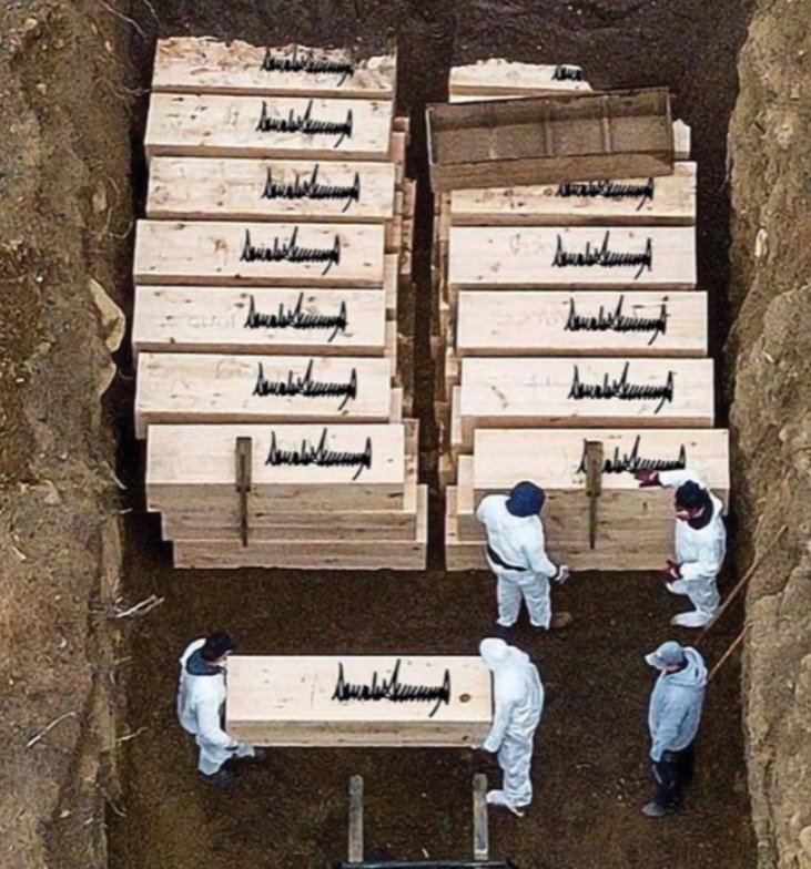 PrincessBravato's tweet photo. Remember the Trump mass Graves? 
He let them die alone. 
#TrumpCovidResponse https://t.co/9Ao4vzWHVa