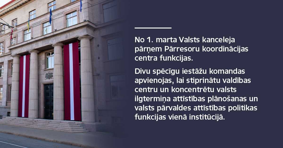 📌Lai stiprinātu valdības centru un attīstītu profesionālu komandu, kas spēj operatīvi un koordinēti risināt šodienas jautājumus un gatavoties nākotnes izaicinājumiem, no 1. marta Valsts kanceleja pārņem Pārresoru koordinācijas centra funkcijas.
👉Vairāk: ej.uz/mk_centrs