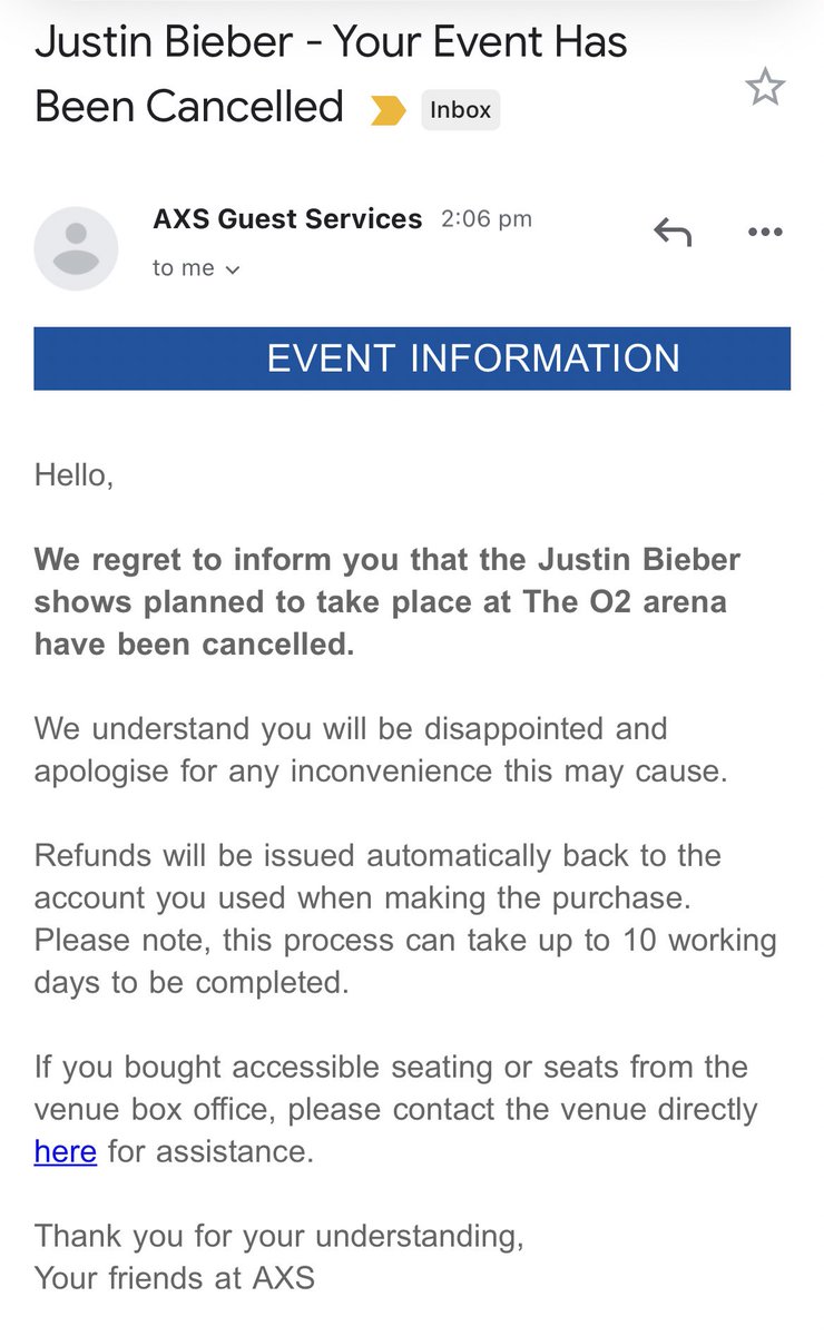 UK_BieberNews's tweet image. Sadly the rest of The Justice Tour has been cancelled refunds will be issued.