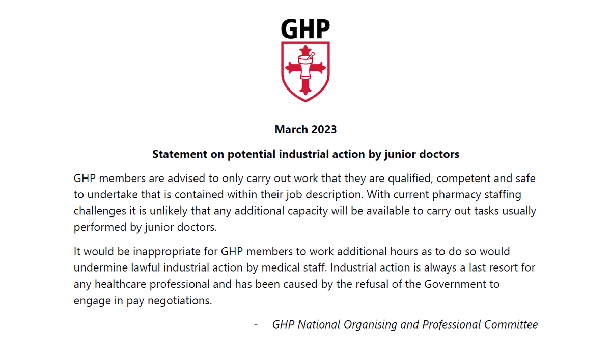 GHPPharmacy's tweet photo. Our statement to members (especially those asked to change/alter their practice) during the potential junior doctor strikes. https://t.co/sMwh6OMjkG