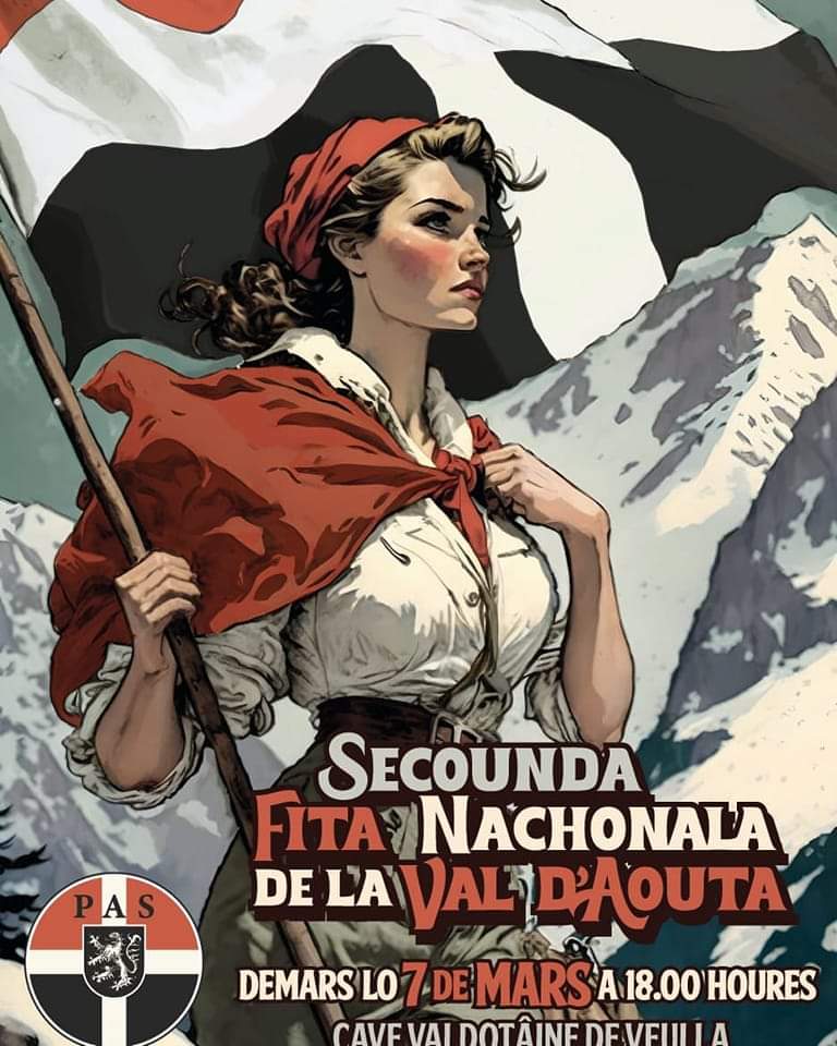 MouvArp's tweet photo. 🗓️ Le 7/03/2023 à 18h00.                                    Le mouvement arpitaniste « Pays d'Aoste Souverain » (P.A.S.) organise la 2ème Fête Nationale de la Vallée d'Aoste. Vous êtes tous invités! 
Vive la Vallée d'Aoste 🖤❤️ https://t.co/VzUT9rImI8