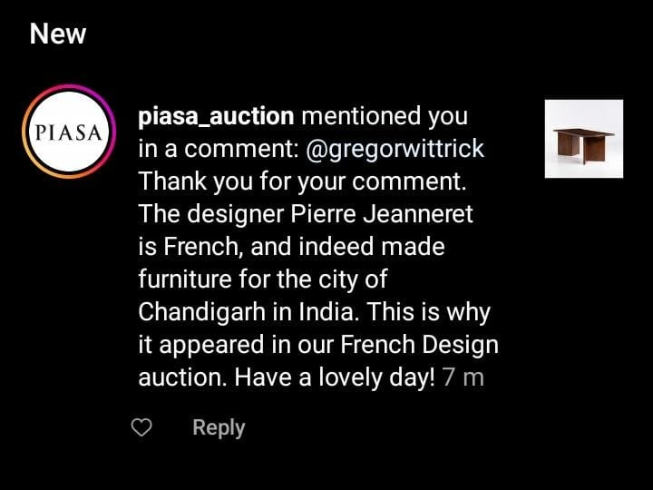 ChandigarhChair's tweet photo. Piasa Auctions don't seem to have a twitter, but we can't help post this message here too. This is the auction house's response to a question regarding their placement of Chandigarh furniture in a 'French Design' auction. https://t.co/NaL1bgEgdt