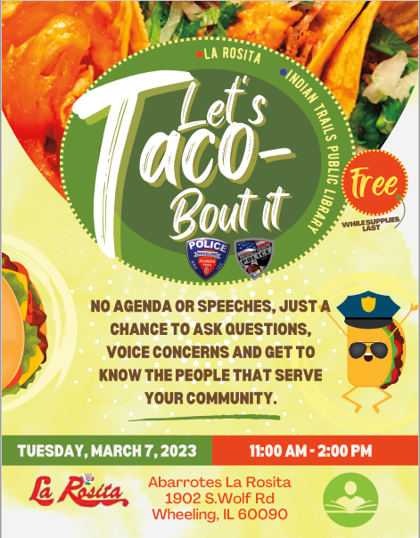 Prospecthtspd's tweet photo. 🌮Let's Taco-Bout it!🌮
Come join the PHPD along with Wheeling Police Dept for Taco Tuesday! No agenda, just bring your questions and get to know the people who serve your community!
When: March 7th, 2023
Where: La Rosita 1902 S. Wolf Rd Wheeling IL 60090
Time: 11:00AM-2:00PM https://t.co/YHcpVBy20P