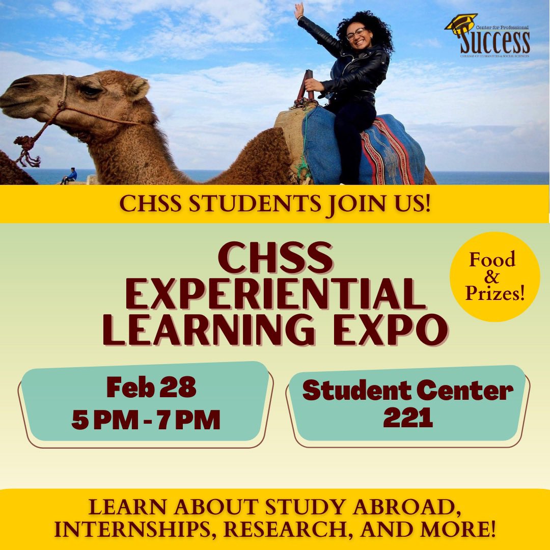 Interested in learning more about internships, study abroad and other types of experiential learning? Don't miss our Experiential Learning Expo taking place today from 5pm-7pm in Student Center 221! Free food for all in attendance!