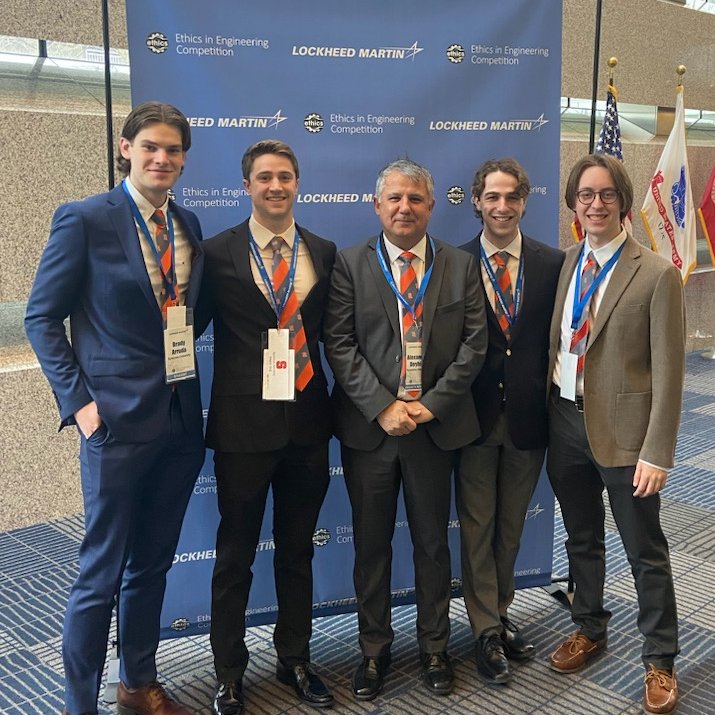 Engineering and Computer Science students Eric Silfies, Brady Arruda, Oliver Raycroft, Max Lipinski and Professor Alex Deyhim are at the Lockheed Martin Center for Leadership Excellence in Bethesda, Maryland for the LM Ethics in Engineering Competition.