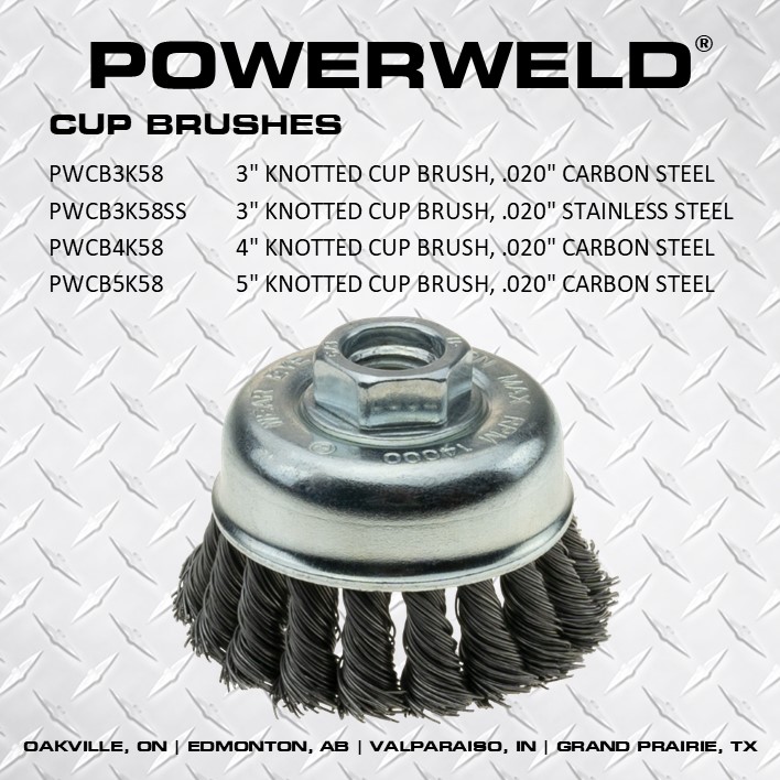 TechniweldCorp's tweet photo. If you're looking for a fast and economical way to remove rust, scale, paint and other unwanted materials during surface preparation, you're in luck! Introducing PowerWeld cup brushes, now available in 3", 4" and 5" diameters for carbon steel, plus 3" for stainless steel. https://t.co/HLHJ37vYda