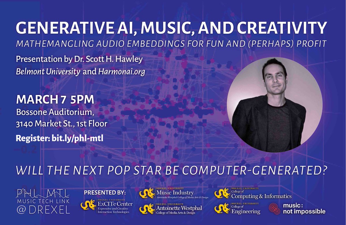 IN ONE WEEK!

Join us at <a href="/DrexelUniv/">Drexel University</a> to learn about #GenerativeAI for music &amp; creativity from a leader in the field, <a href="/drscotthawley/">Scott H. Hawley</a> of <a href="/BelmontUniv/">Belmont University</a> &amp; <a href="/harmonai_org/">Harmonai</a>!
#AIart

Tue 3/7, 5pm
Bossone Building - 3140 Market St.
Open to all

Register (free) here: bit.ly/phl-mtl