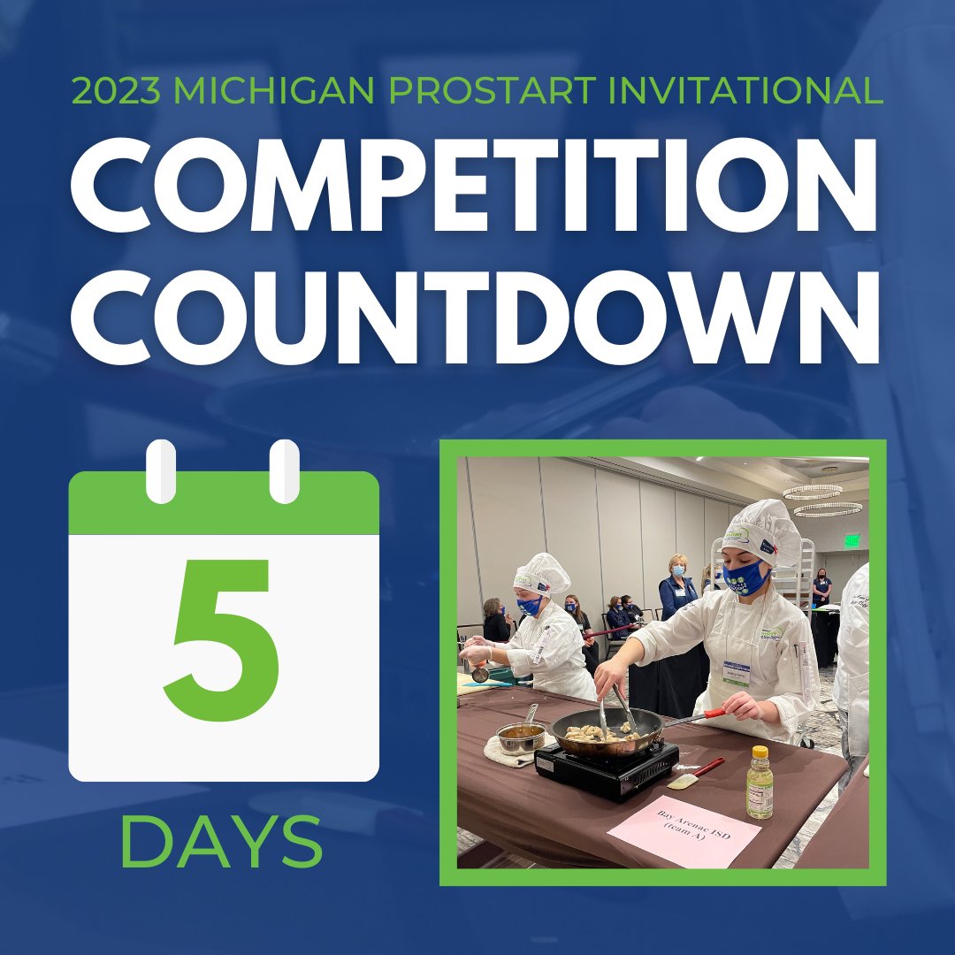 TheOfficialMHF's tweet image. The 2022 Michigan ProStart Invitational is just 5 DAYS away. The Competition kicks off Sunday, March 5. Visit bit.ly/3PGQ5Ow to learn more about the competition rules &amp;amp; stay tuned for details on the competition schedule!

#MadeInProStart #MichiganProStart2023