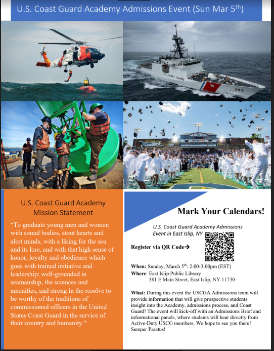 HF_Guidance's tweet photo. You are invited to an info session for the U.S. Coast Guard Academy in East Islip, NY this weekend! https://t.co/GTIdsg0Ton