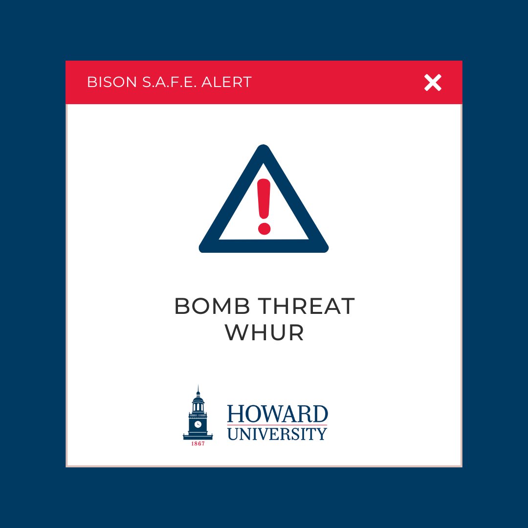 HowardPolice's tweet photo. @dcpolicedept and DPS are investigating a bomb threat made to WHUR this morning. A shelter-in-place has been ordered for the station complex. All persons on main campus are advised to avoid pedestrian or vehicle traffic near Bryant and 4th St. until further notice. #bisonsafe https://t.co/ad9kRqsrjc