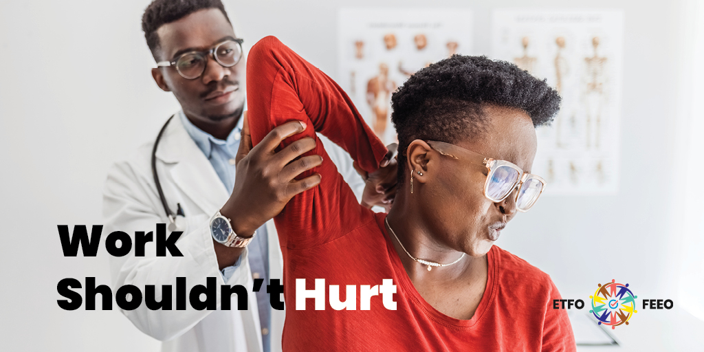 Prolonged sitting or standing, awkward postures and lifting can lead to strains. It is important to seek medical attention and report these workplace injuries when they happen bcs not all injuries have a sudden noticeable impact. Learn more #onted etfohealthandsafety.ca/site/ergonomic… #RSIDay