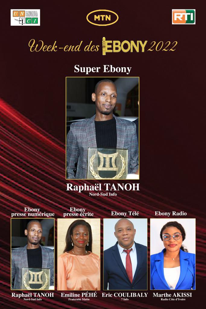 UNJCI225's tweet photo. Le Super Ebony et les Ebony des catégories Presse en ligne, Presse écrite, Télé et Radio, distingués lors du Week-end des Ebony 2022, à la Fondation FHB de Yamoussoukro
#Ebony2022 #PrixEbony #UNJCI https://t.co/C4CyiT3XCg