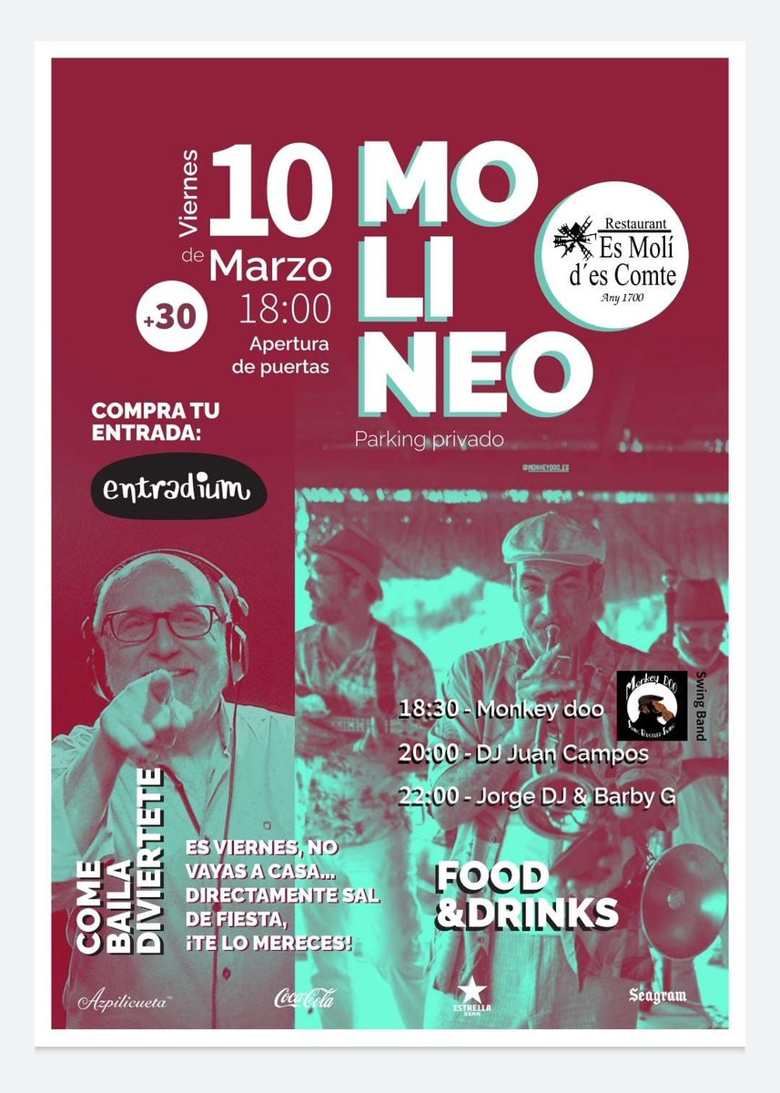 ‼️Próximo 10 de marzo desde las 18.30h podremos disfrutar de la nueva forma de celebrar el comienzo del de fin de semana con EL MOLINEO, el swing de <a href="/monkeydoo_es/">MonkeyDoo SwingBand</a> 
Compra tu entrada que después podrás canjear al entrar por consumiciones:

entradium.com/events/molineo…