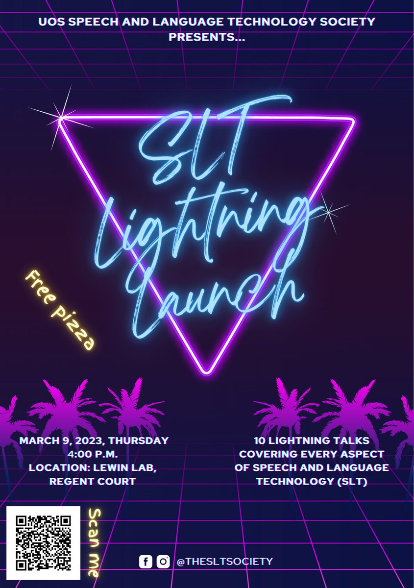 Come join us for our launch event on March 9th! We have 10 lightning talks covering all areas of speech and language technology (SLT). There will be free pizza and an opportunity to meet others with a shared interest in SLT! Don't miss it, sign up here: forms.gle/oCEmboLWdkPCiv…