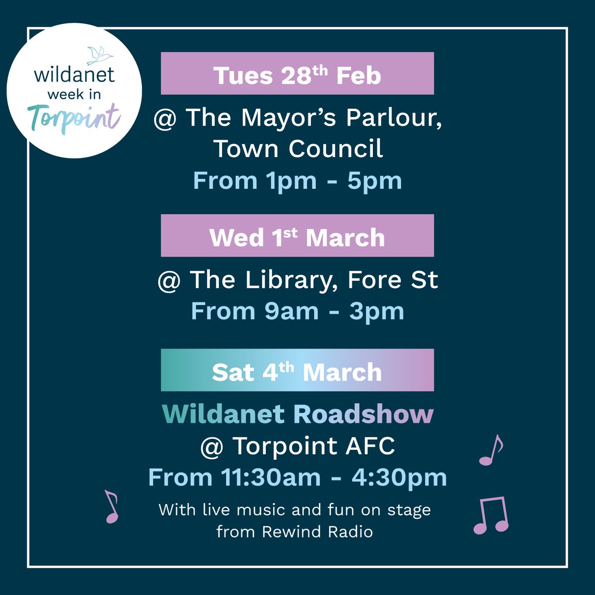 Join us for a fun-filled week in Torpoint. There are amazing prizes to be won! We'll be at: The Mayor's Parlour, Town Council Tues 28th The Library, Fore St on Wed 1st March Sat 4th March we'll be at Torpoint AFC there will be fun on stage & live music from @RewindCornwall