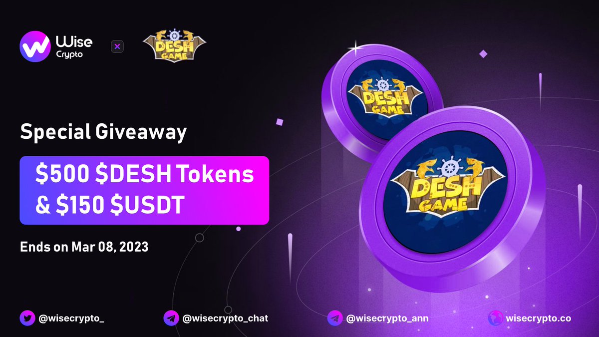 Wise Crypto (@wisecrypto_) on Twitter photo 🥳 Wise Crypto X DeshGame Giveaway
🏆Prize Pool - $150 $USDT & $500 $DESH
To Enter
✅ Follow <a href="/WiseCrypto_/">Wise Crypto</a> & @Desh_Gamefi
✅ RT & Tag 3 Friends
✅ Complete Gleam tinyurl.com/ykjt3zs7
#Airdrops #DESH #Arbitrum #Giveaway #Crypto #NFT 🥳 Wise Crypto X DeshGame Giveaway
🏆Prize Pool - $150 $USDT & $500 $DESH
To Enter
✅ Follow <a href="/WiseCrypto_/">Wise Crypto</a> & @Desh_Gamefi
✅ RT & Tag 3 Friends
✅ Complete Gleam tinyurl.com/ykjt3zs7
#Airdrops #DESH #Arbitrum #Giveaway #Crypto #NFT