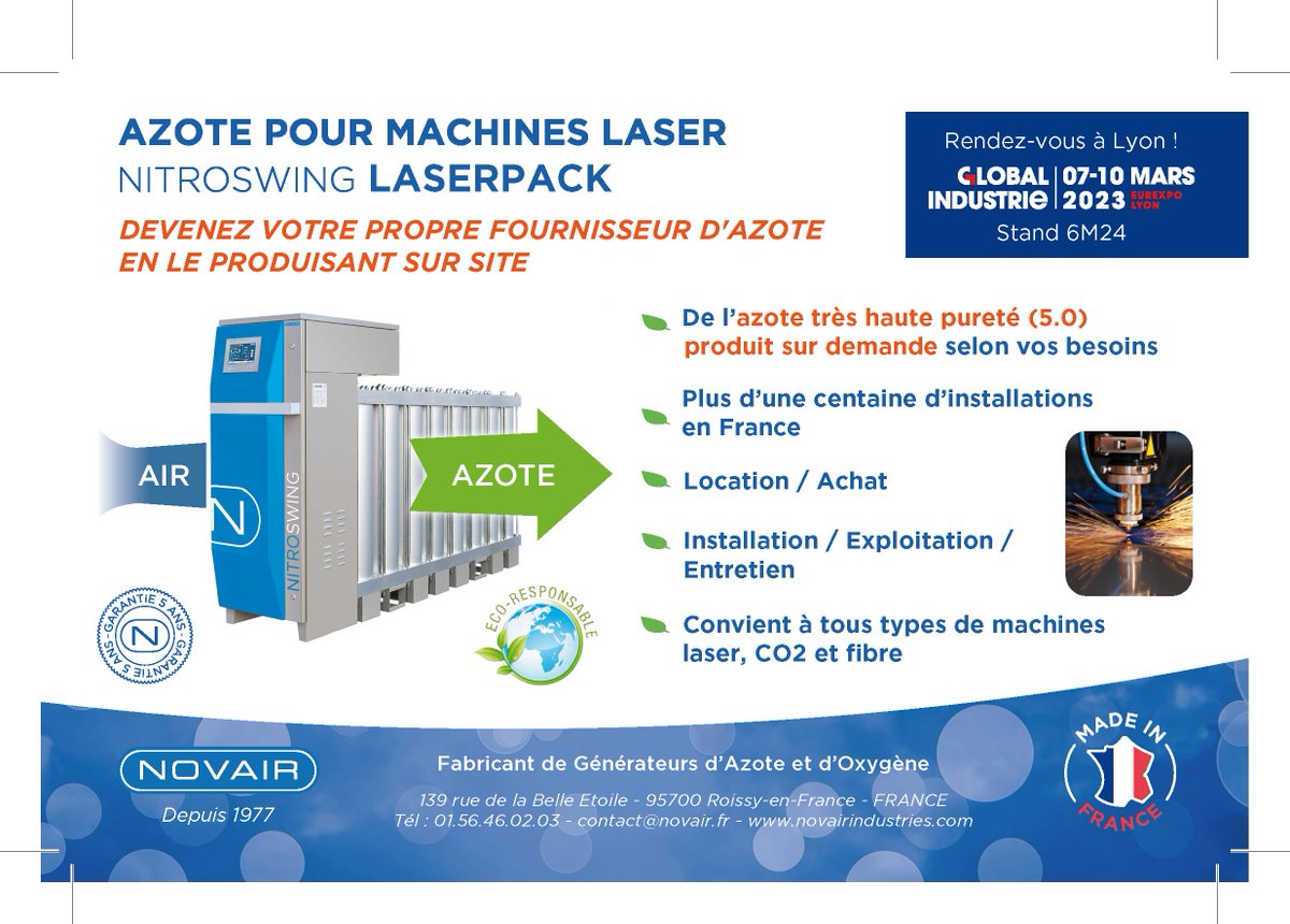 NOVAIR participe au salon GLOBAL INDUSTRIE 2023.
Venez découvrir nos solutions de production d'azote et de remplissage de bouteilles haute pression pour la découpe laser : NITROSWING LASERPACK.
En savoir plus : novairindustries.com/fr/actualites/…
#novair #decoupelaser #globalindustrie