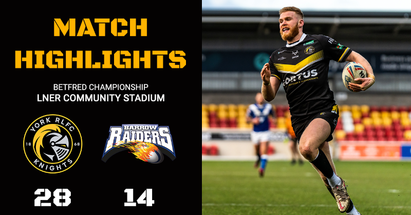 YorkRLFC's tweet photo. 🎥 𝐌𝐚𝐭𝐜𝐡 𝐡𝐢𝐠𝐡𝐥𝐢𝐠𝐡𝐭𝐬

York Knights returned to winning ways in the @Betfred Championship after beating Barrow Raiders 28-14.

Match highlights are brought to you in partnership with @VintaSport 

#RiseUp | #WeAreYork